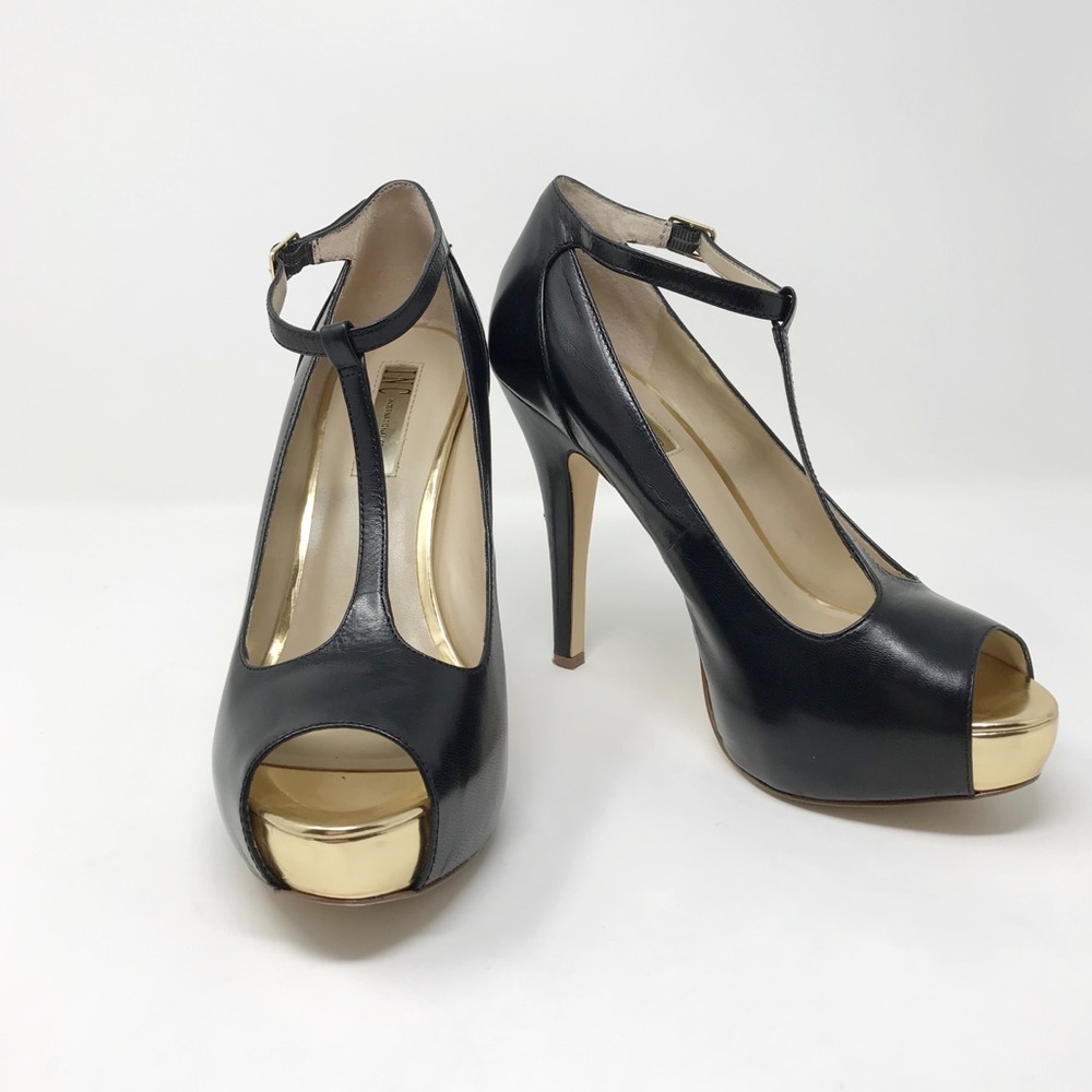 I-N-C Gold and Black T-Strap Heels